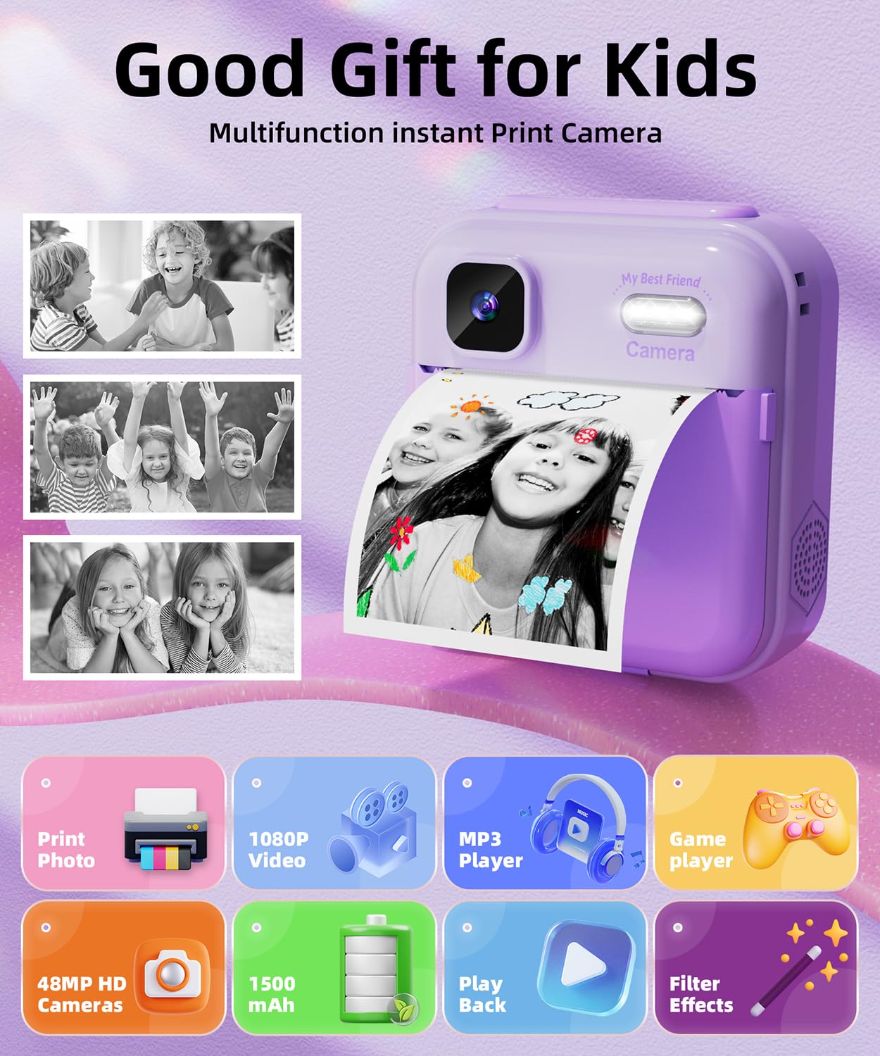 Purple children digital camcorder with thermal paper printing out a monochrome photo