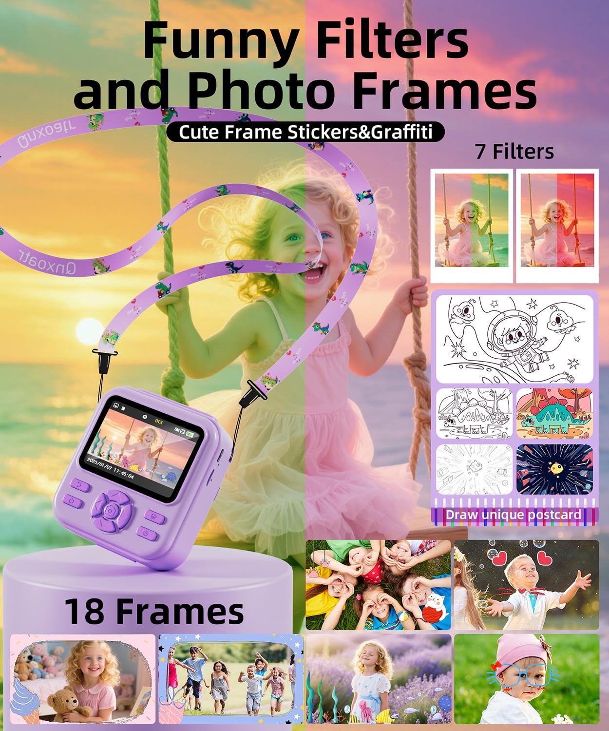 Close up of the non slip skin friendly purple casing on the kids digital camera
