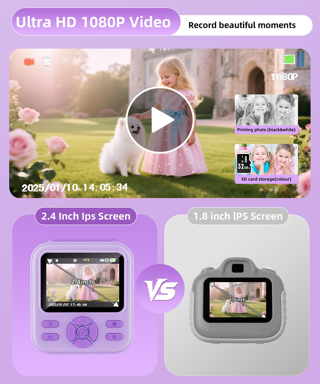 Qnxoatr instant photography toy displaying the puzzle games menu on its bright screen