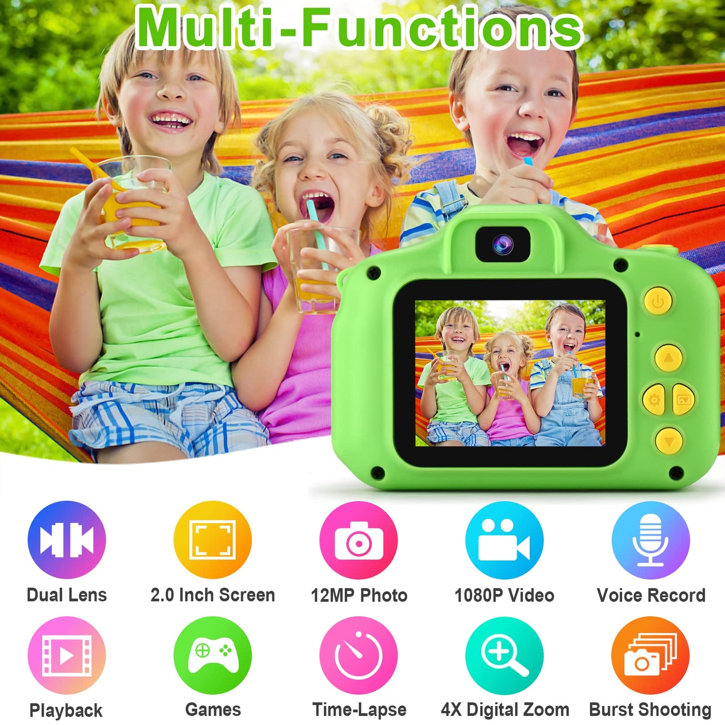 GKTZ children camcorder showing the twenty-four inch eye-protective display screen