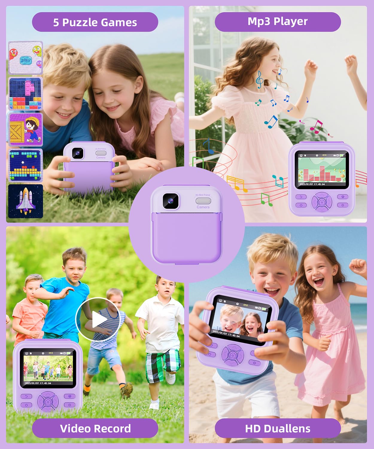 High definition forty eight megapixel kids camera showing the included carrying lanyard attachment