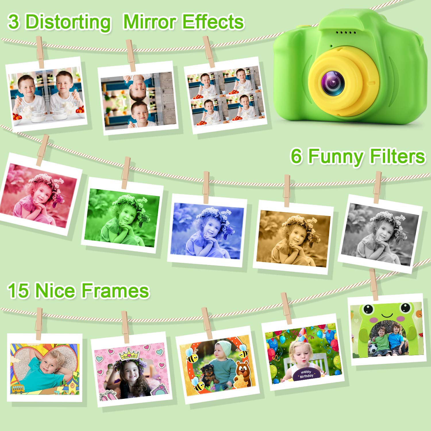 Green GKTZ toy camera for girls showcasing the dual selfie camera lens design