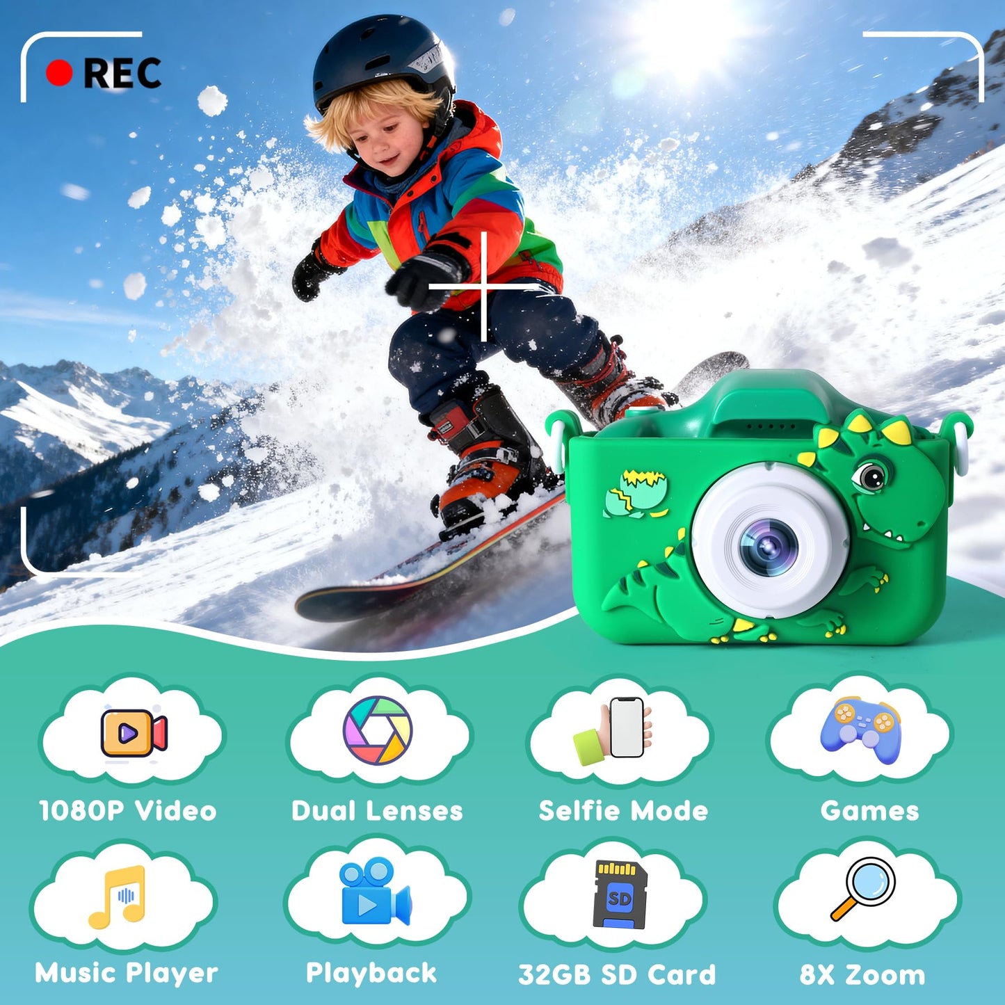 Kidz Kamz toddler camera rear view showing the interactive screen and dual lens selfie feature.