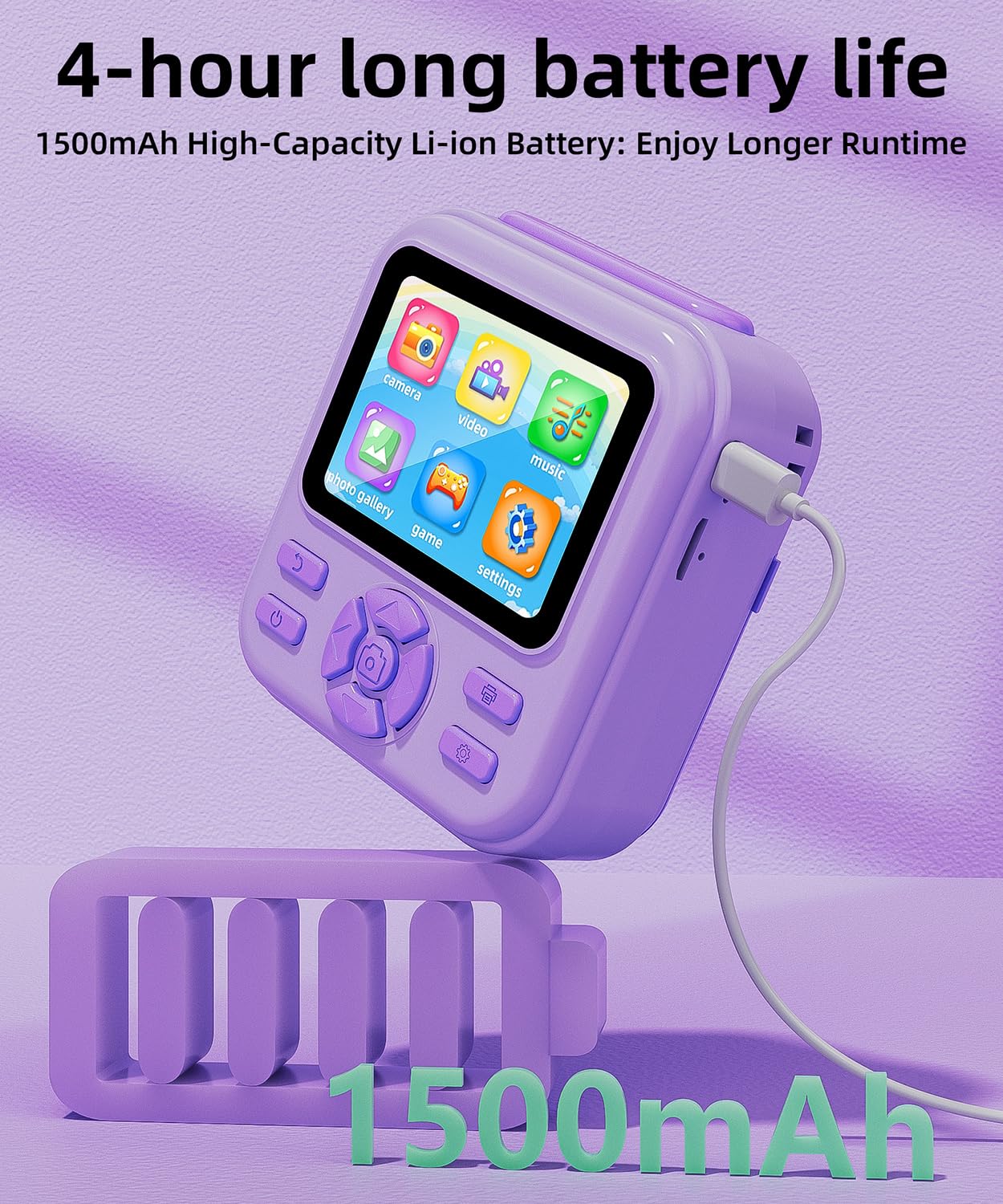Type C USB charging port view on the side of the purple kids digital video recorder