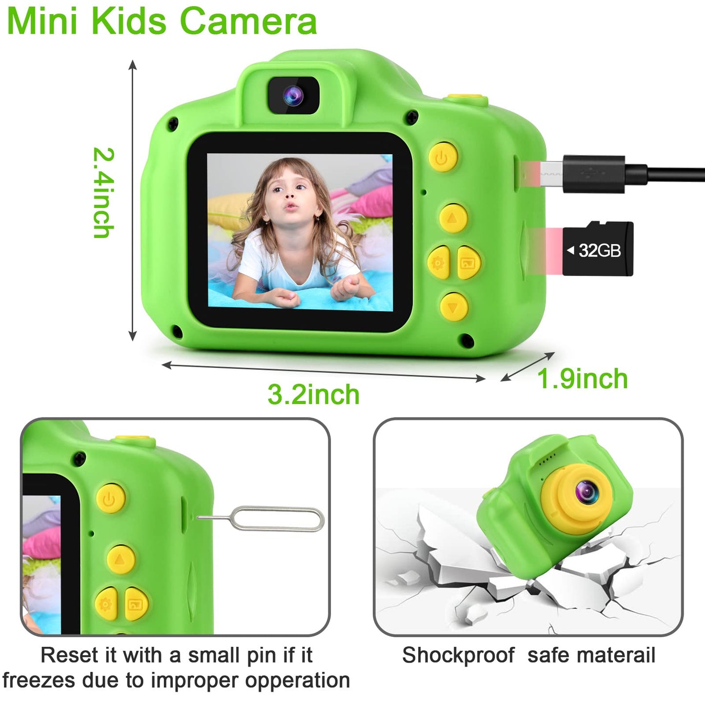 GKTZ kids camera wrapped in its durable protective green silicone outer shell