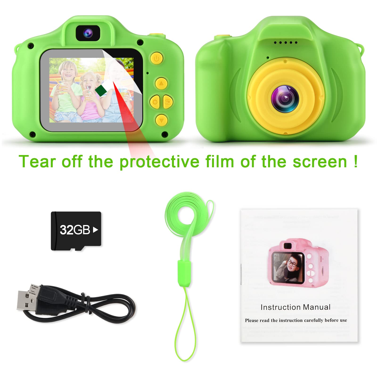 GKTZ toddler camera package content with USB charging cable and neck lanyard