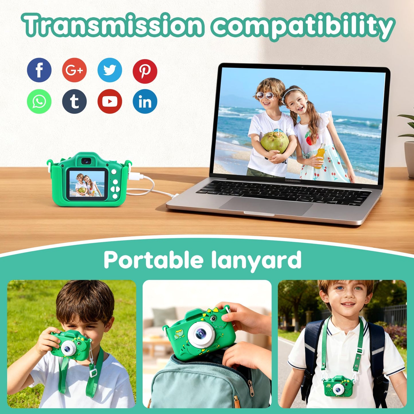 Kidz Kamz green dinosaur children camera alongside the included thirty two gigabyte memory card accessory.