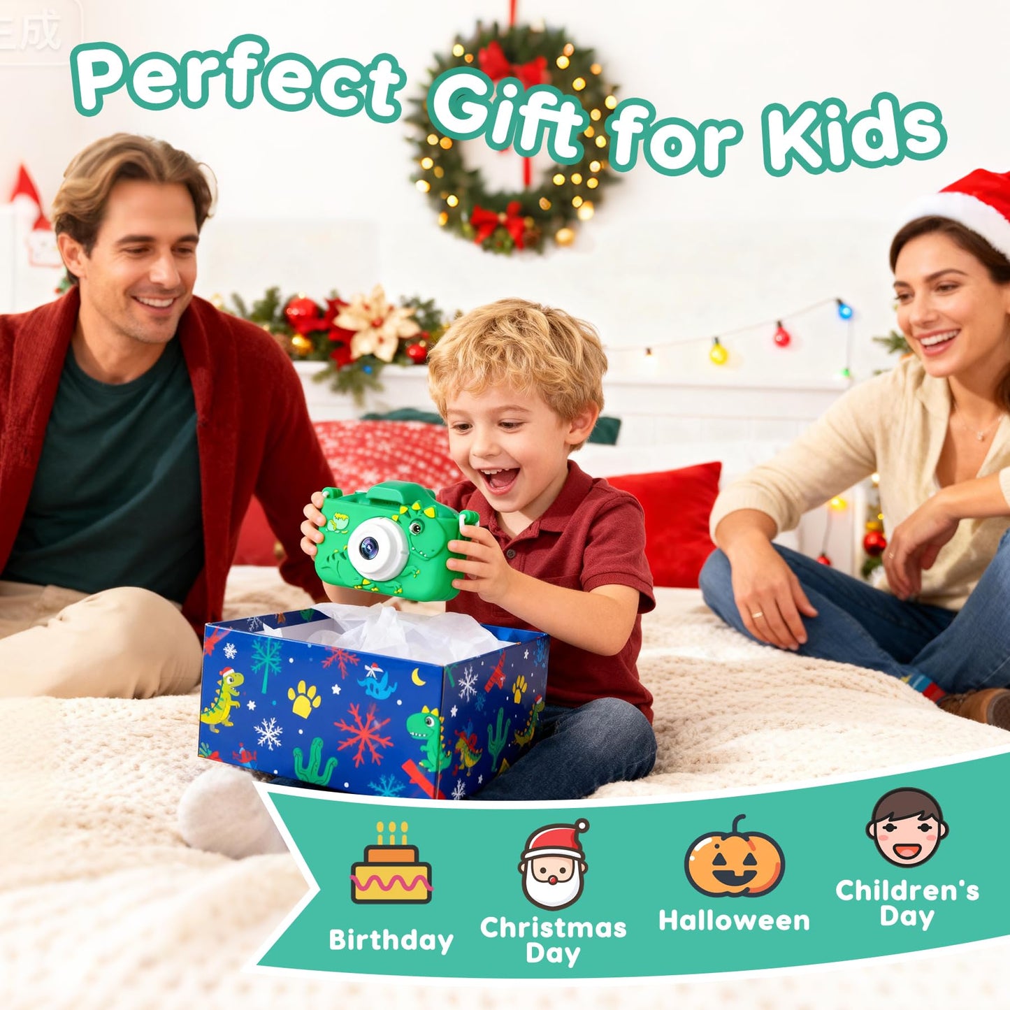Kidz Kamz retail gift box package containing the rechargeable camera body and charging cable accessories.