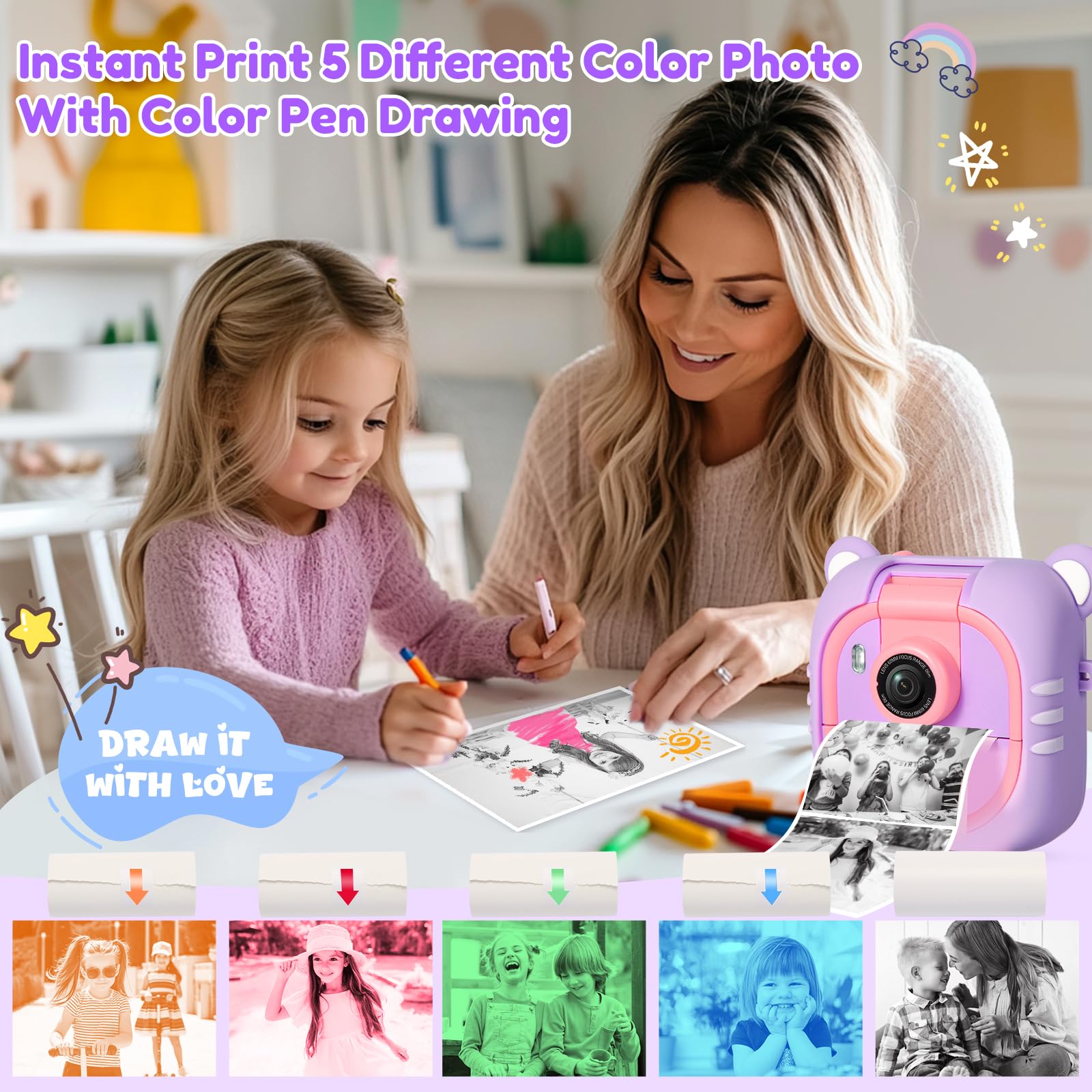 ARNSSIEN zero ink thermal camera kit alongside twelve color pens and paper rolls