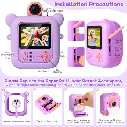 ARNSSIEN kids interactive media camera showing the built-in gaming menu on screen