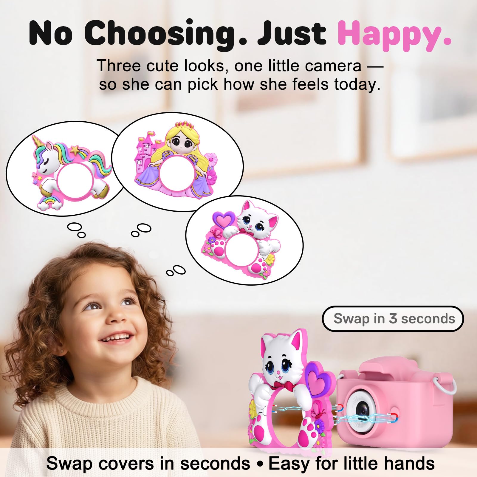Fellowean toddler toy camera with the pink unicorn magnetic silicone cover attached