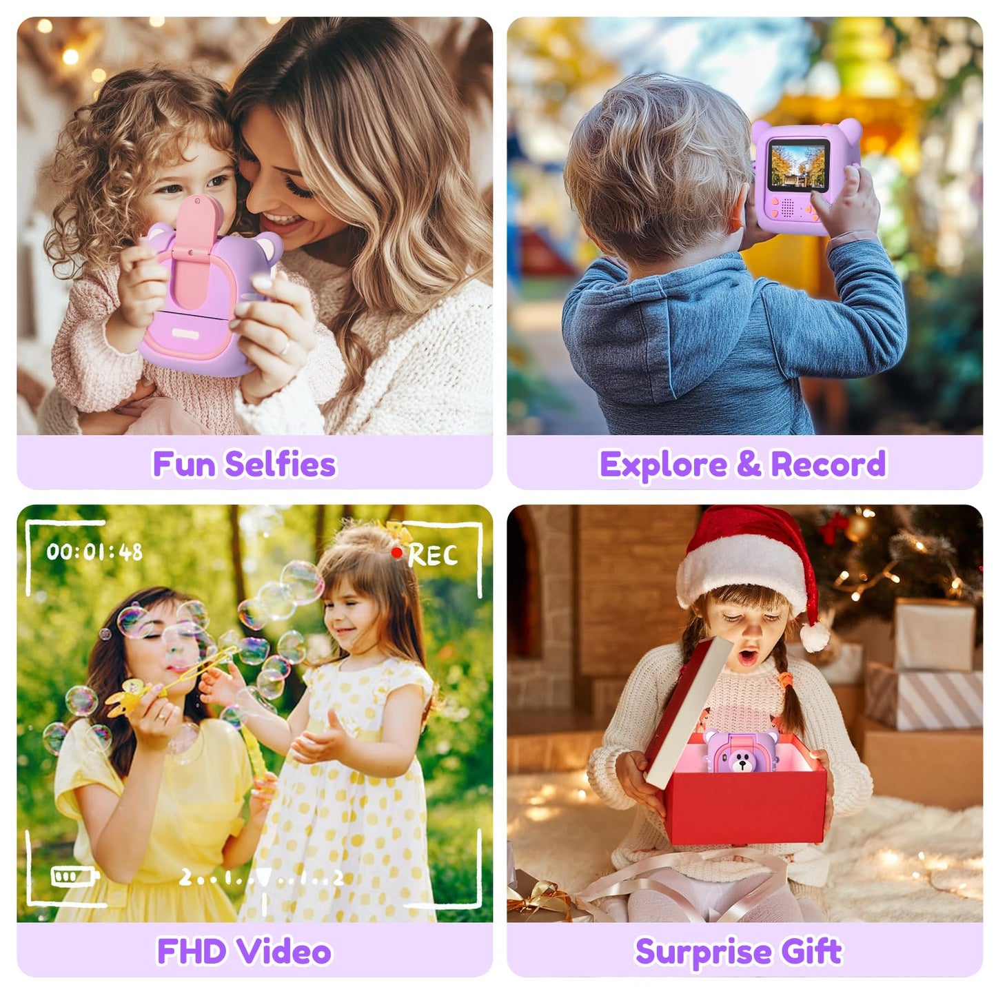 ARNSSIEN multi-functional childrens camera displaying the Type-C charging port and card slot