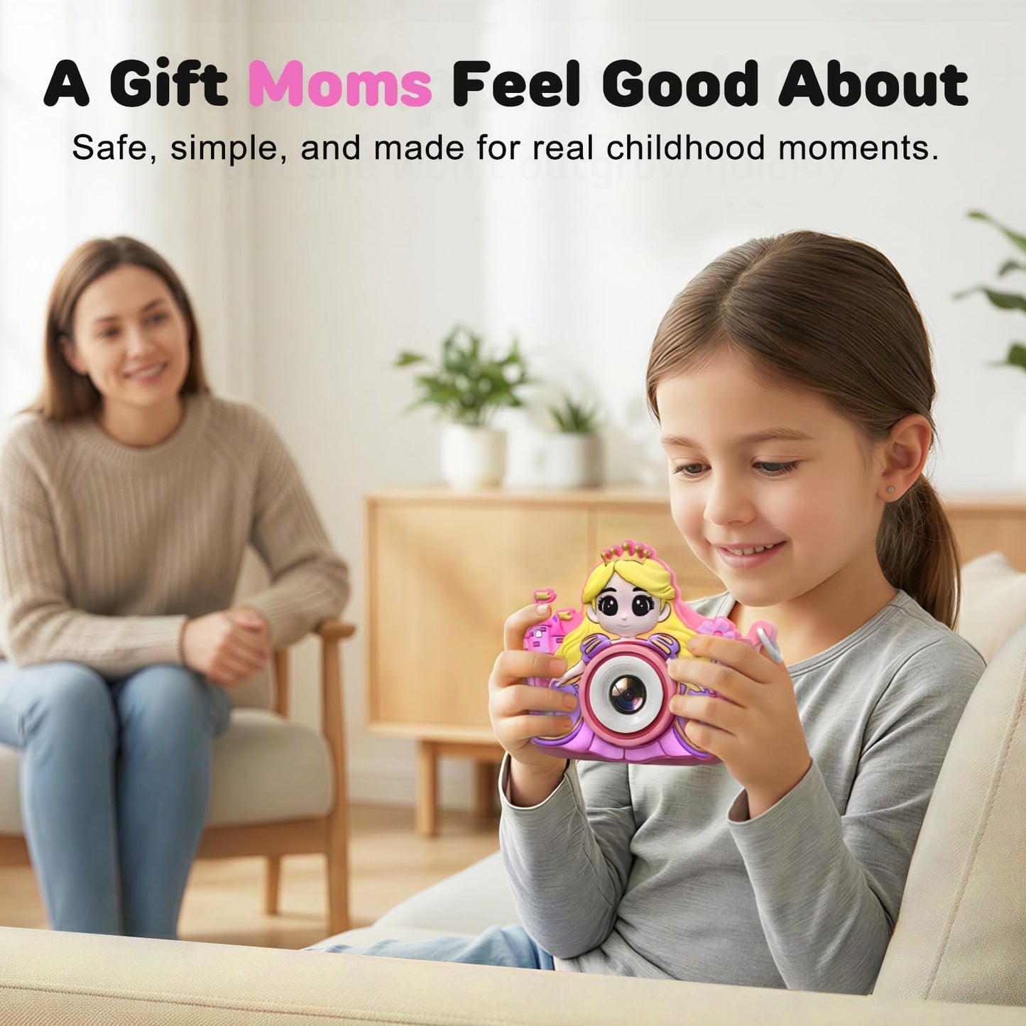 Fellowean kids camera toy bundle layout showing the included thirty two gigabyte memory card