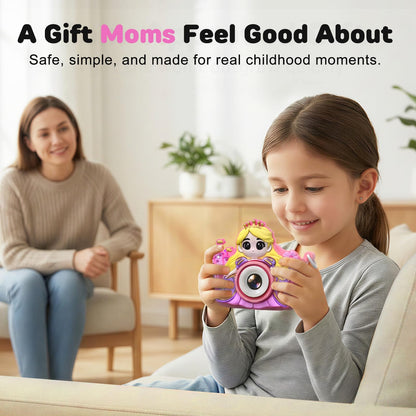 Fellowean kids camera toy bundle layout showing the included thirty two gigabyte memory card