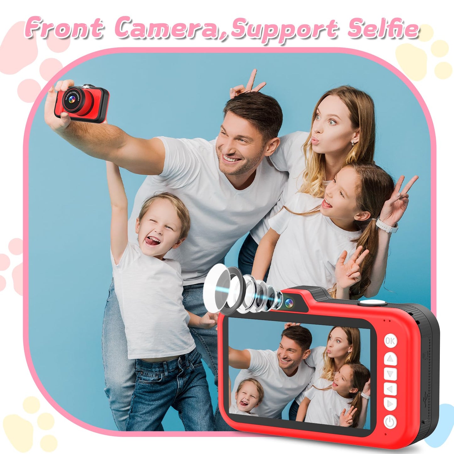 CHAKEYAKE toddler digital video camera showing the large 3.5 inch anti blue light LCD screen
