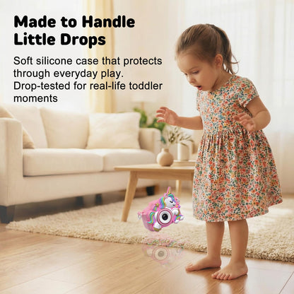 Fellowean pink selfie camera for girls showing the durable child friendly shockproof construction