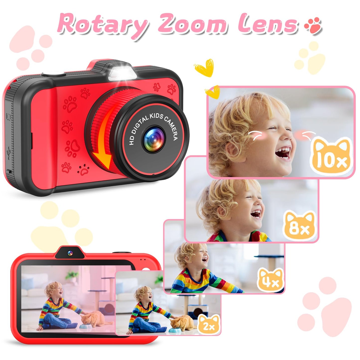 CHAKEYAKE children camera kit showing the included 32GB memory card and mini tripod stand accessory