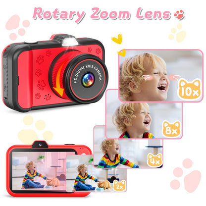 CHAKEYAKE children camera kit showing the included 32GB memory card and mini tripod stand accessory