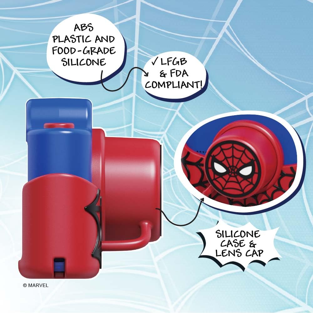 Kidamento Model K Spider-Man video camera angled view highlighting the dual selfie lens and attached cap.