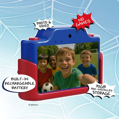Kidamento kids digital camera packaging box showcasing the official Marvel licensing and superhero graphics.