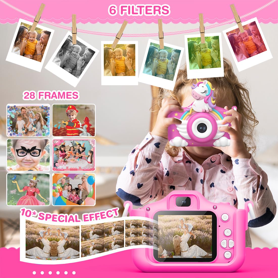 Wembley pink unicorn camera dual lens switching for kid selfies