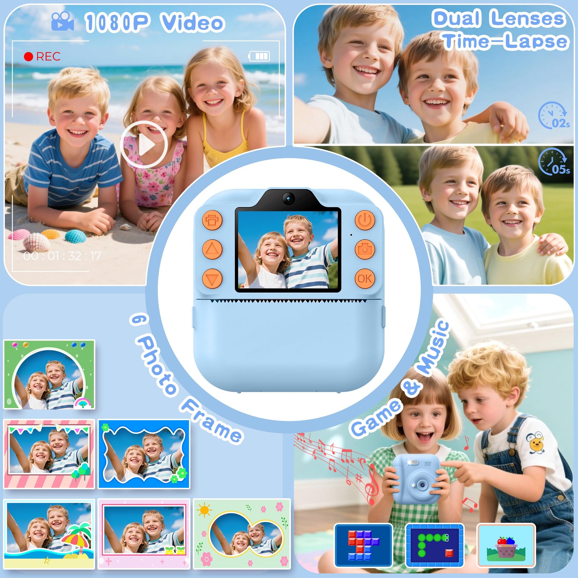 Coxlame children portable toy camera printing a black and white photograph from the top slot
