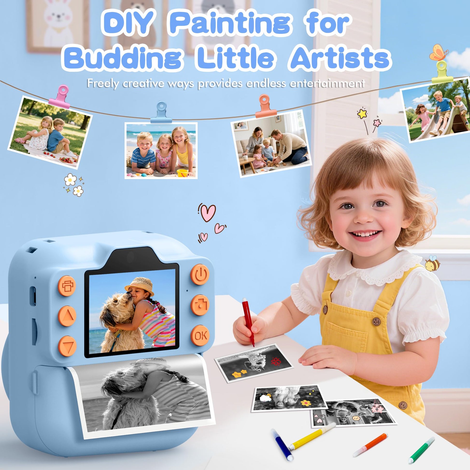 Coxlame instant photo camera for kids shown with included six coloring pencils and paper rolls