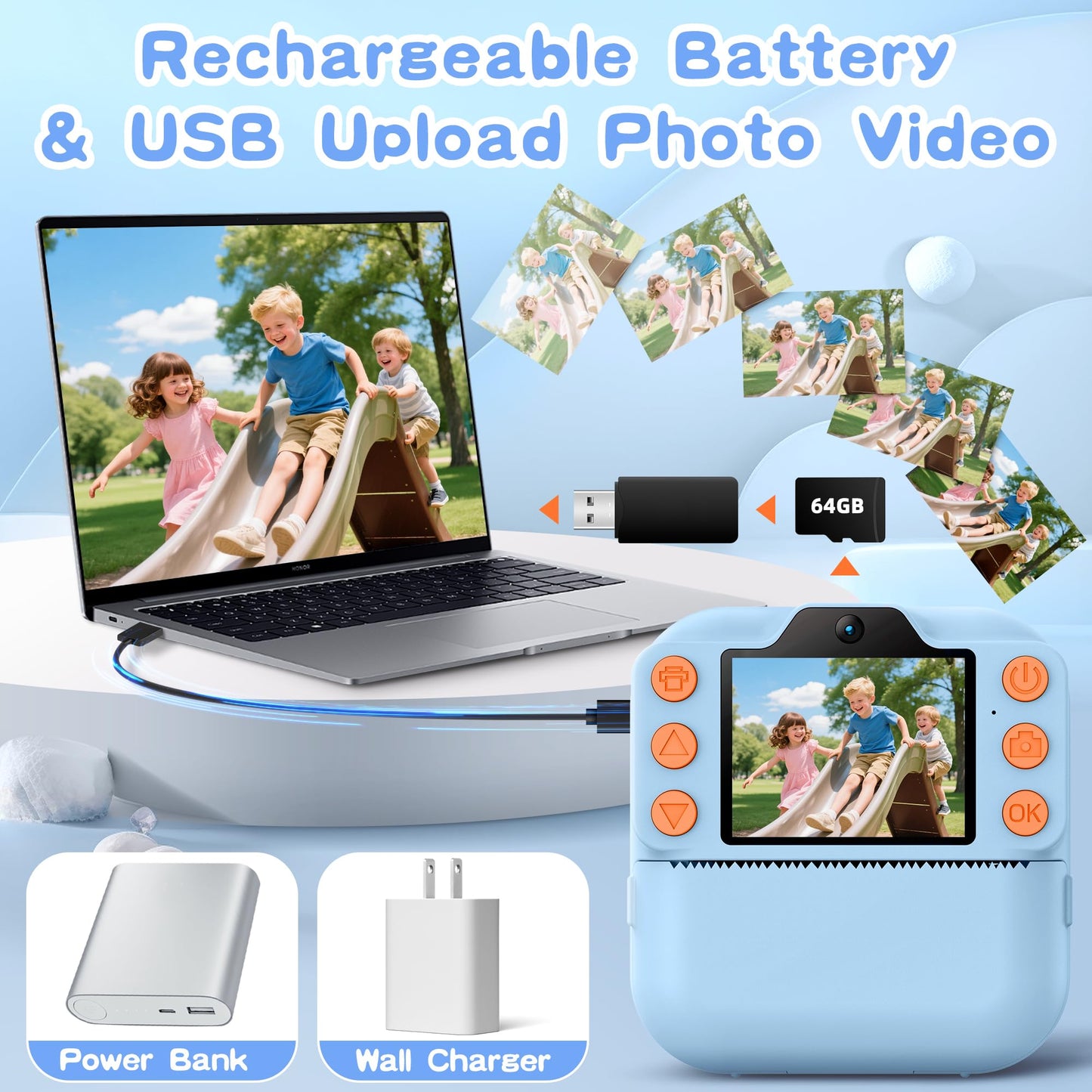 Coxlame blue instant print electronic toy showing the built-in flash for low light pictures