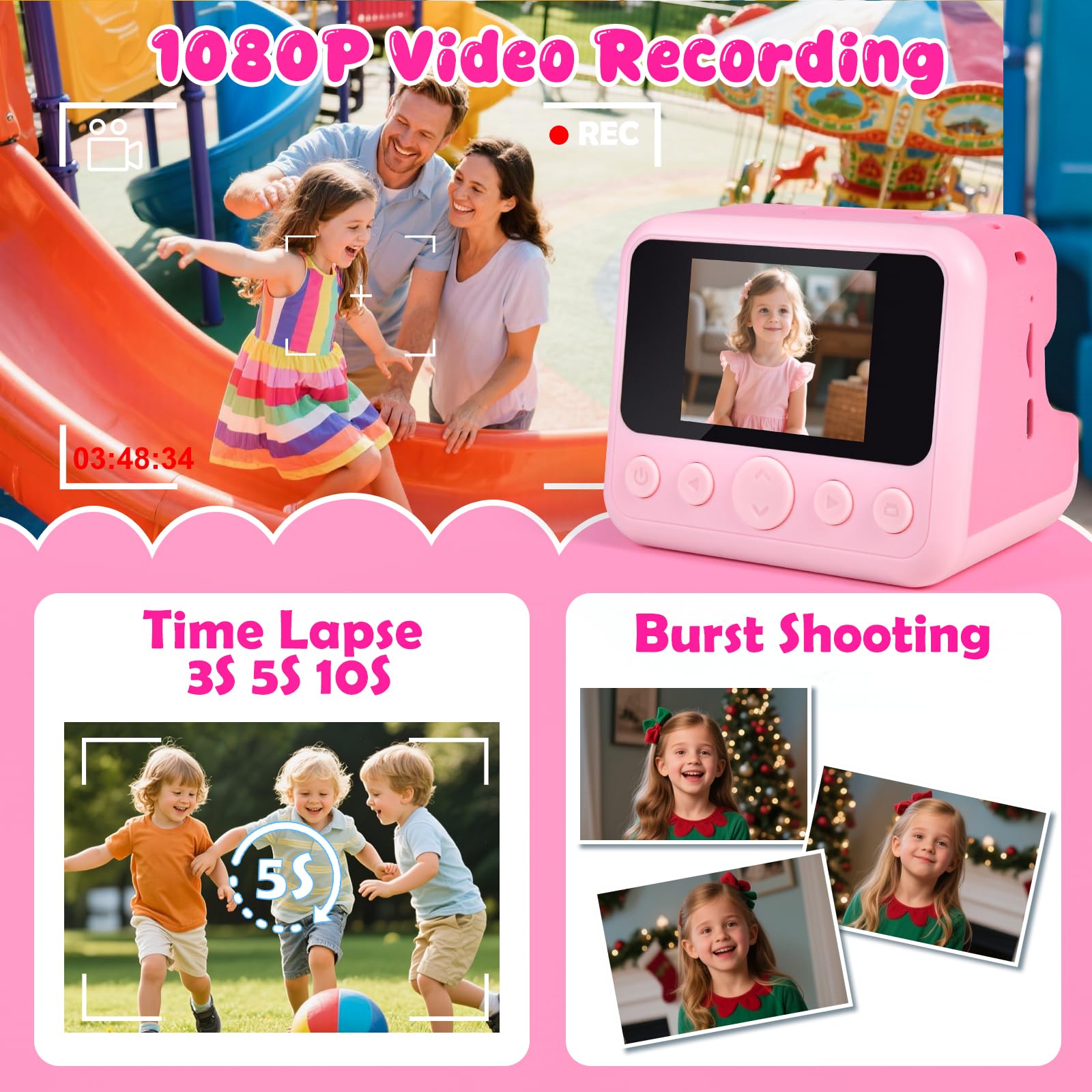 Elecoutek pink children camera kit with four thermal paper rolls and color pens