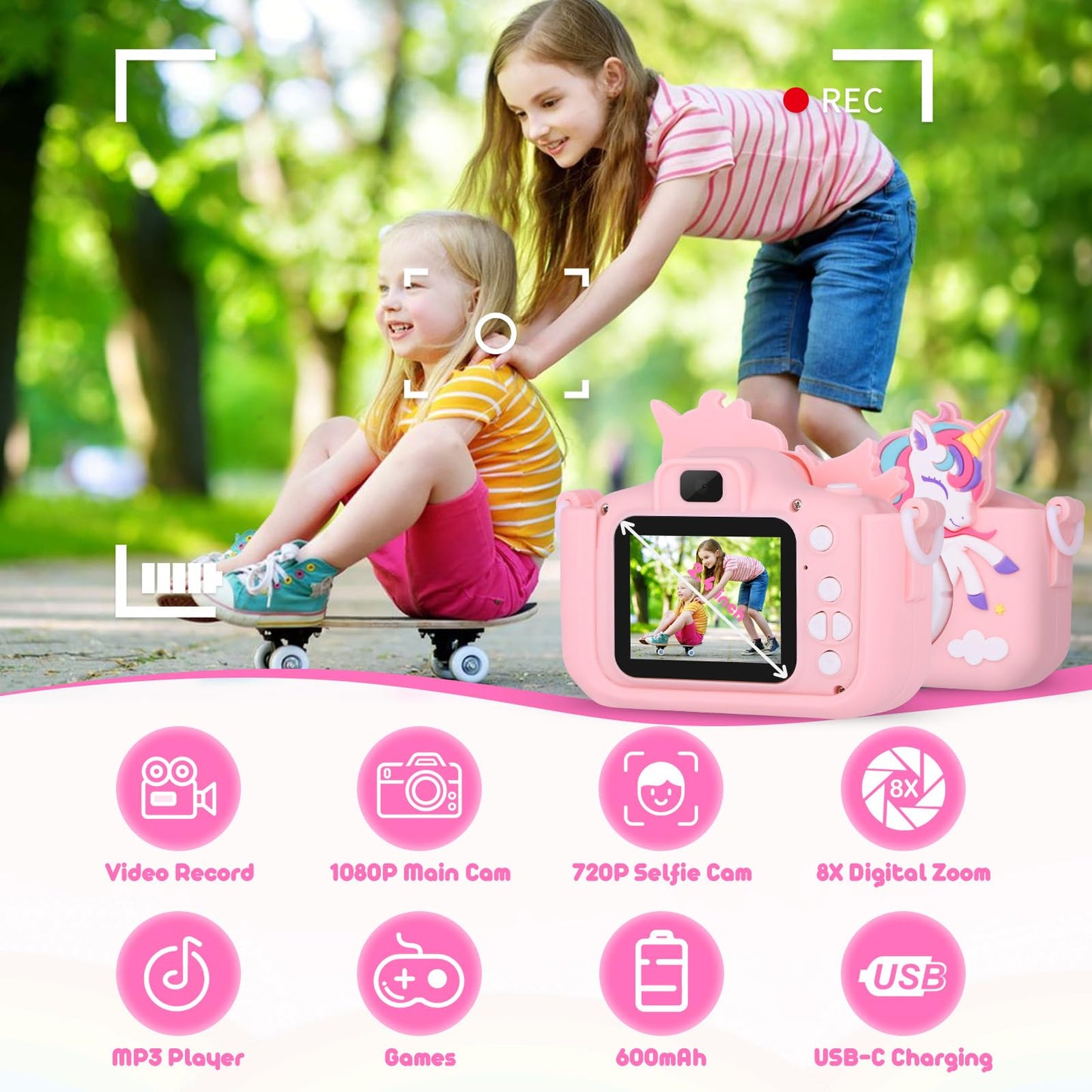 Alotwan children video recorder angled profile highlighting the durable shockproof design.