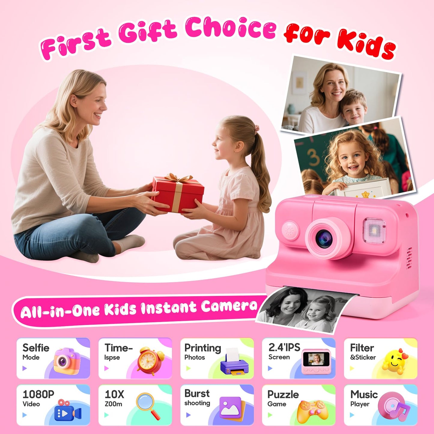 Elecoutek inkless printing camera for girls with decorative stickers on table