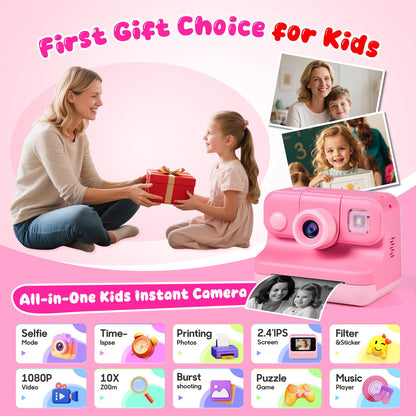Elecoutek inkless printing camera for girls with decorative stickers on table