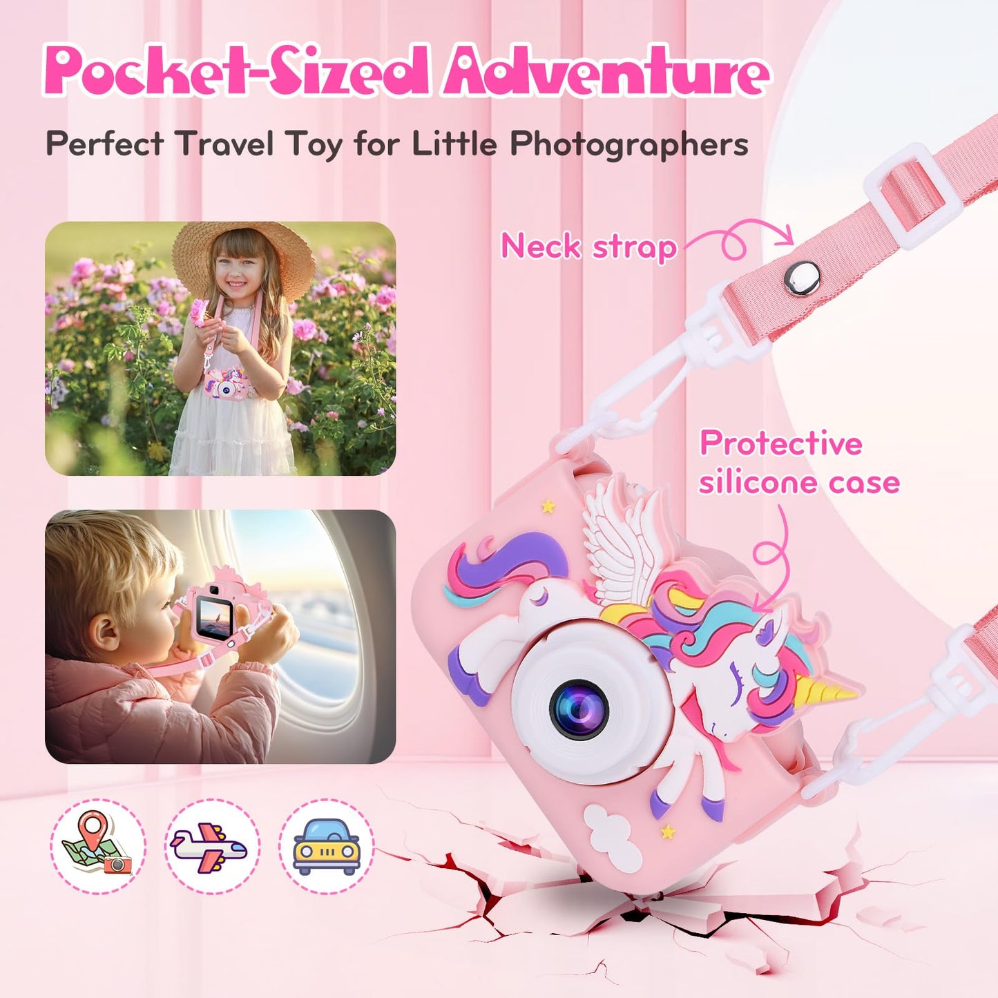 Pink unicorn girls camera accessory kit featuring the included 32GB micro SD card and USB cable.