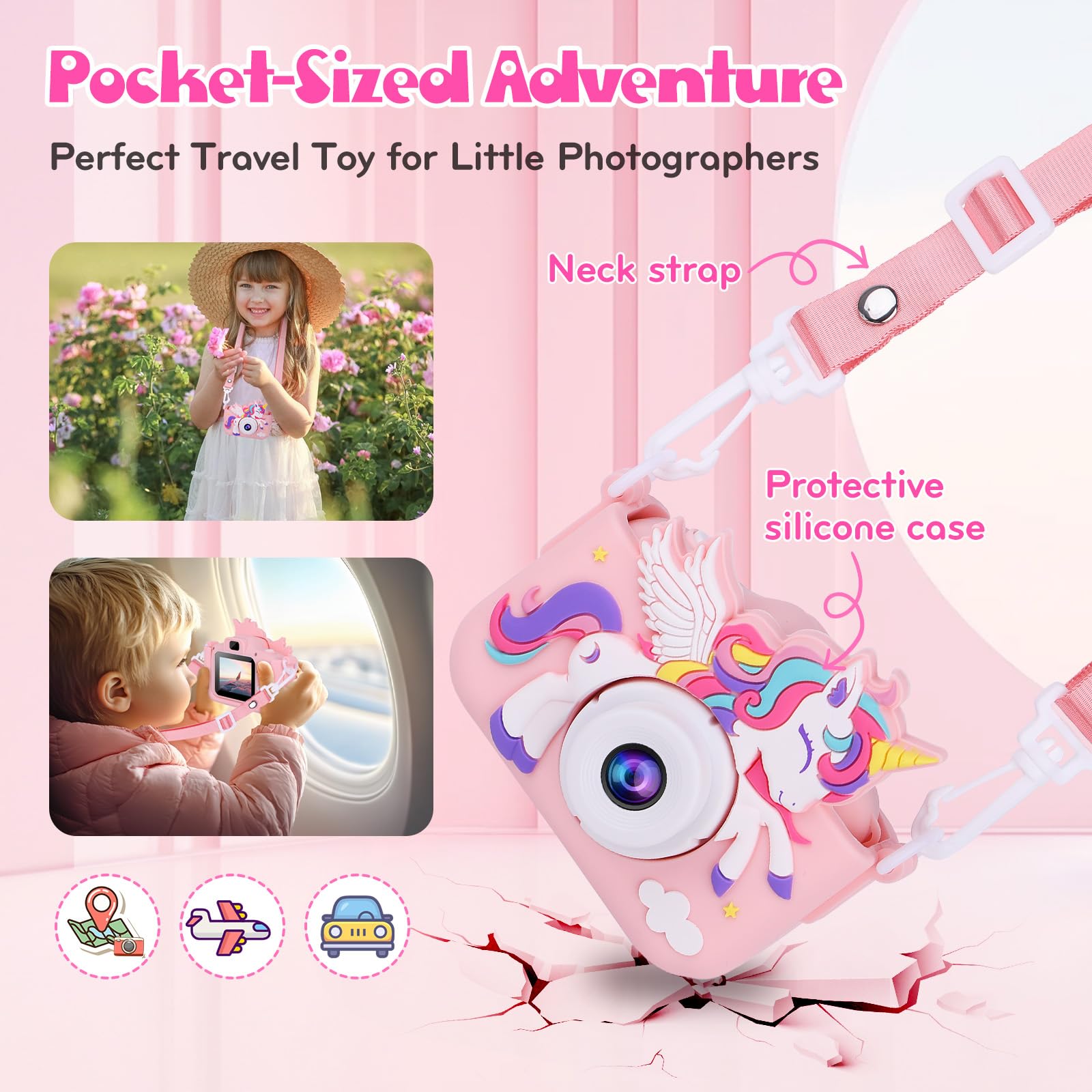 Pink unicorn girls camera accessory kit featuring the included 32GB micro SD card and USB cable.