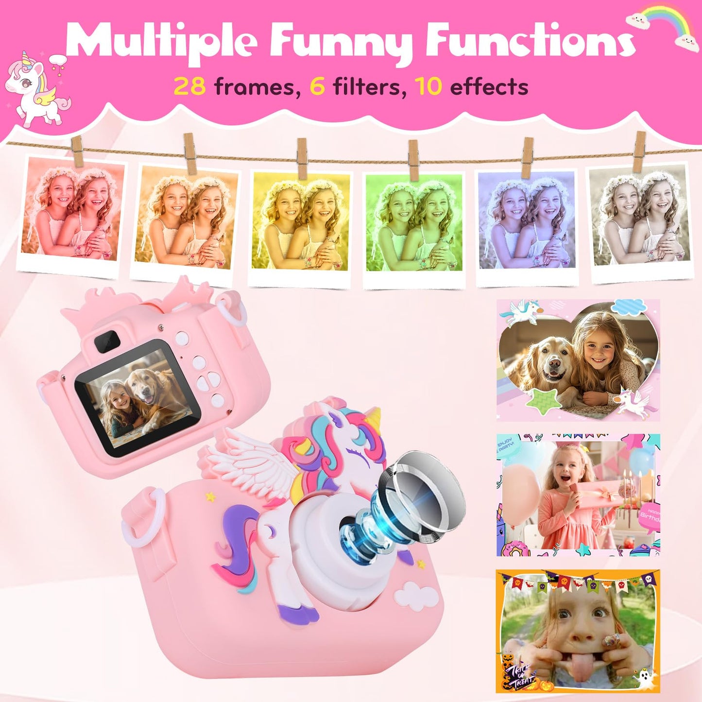 Unicorn themed girls video camera display demonstrating the built-in custom photo frames.