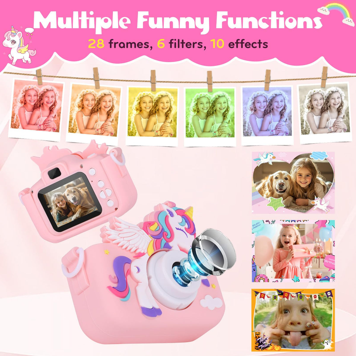 Unicorn themed girls video camera display demonstrating the built-in custom photo frames.