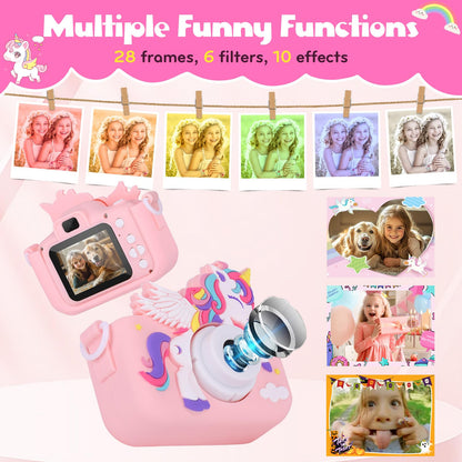 Unicorn themed girls video camera display demonstrating the built-in custom photo frames.