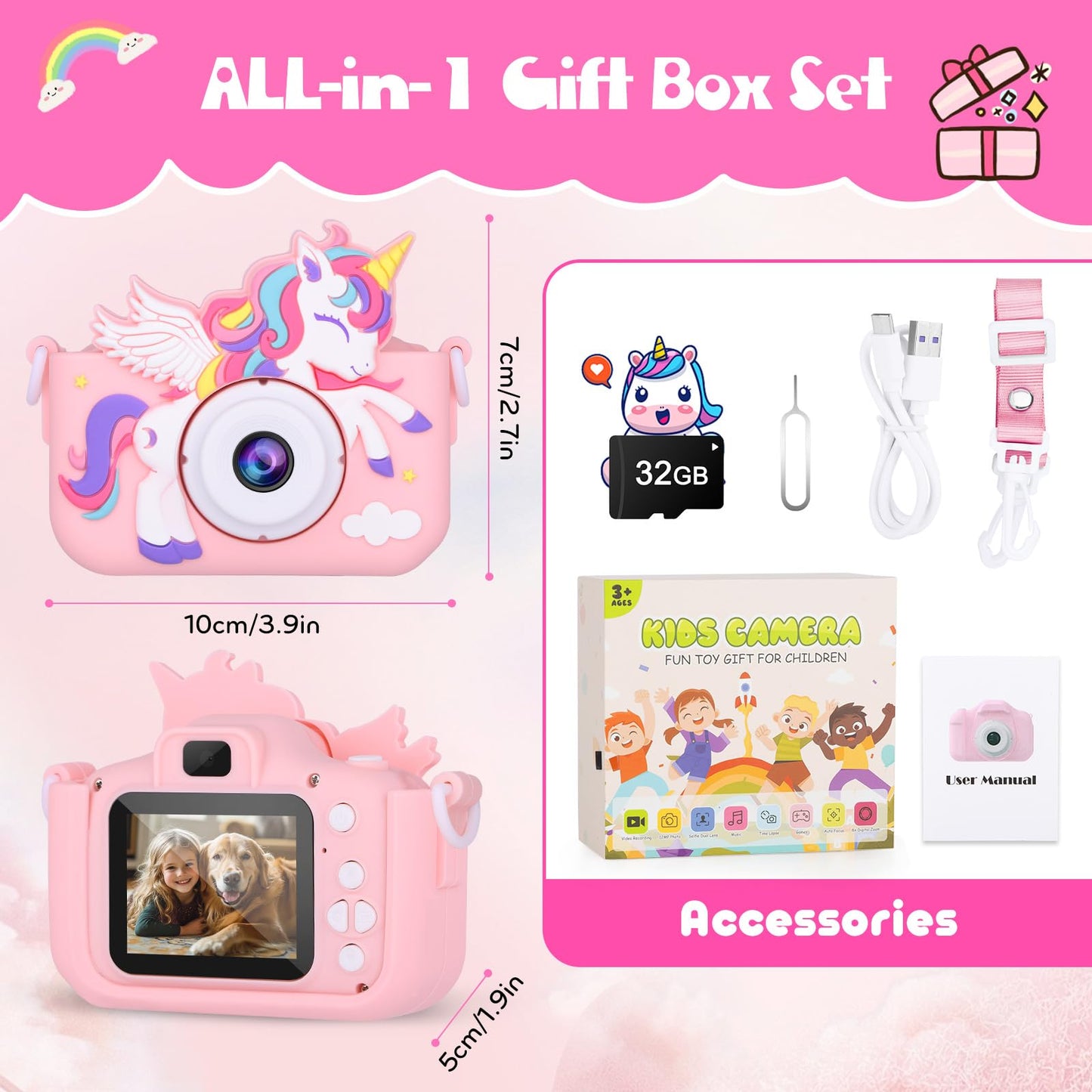 Alotwan pink toy camera showing the easily accessible micro USB charging port location.