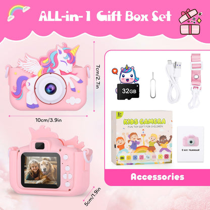 Alotwan pink toy camera showing the easily accessible micro USB charging port location.
