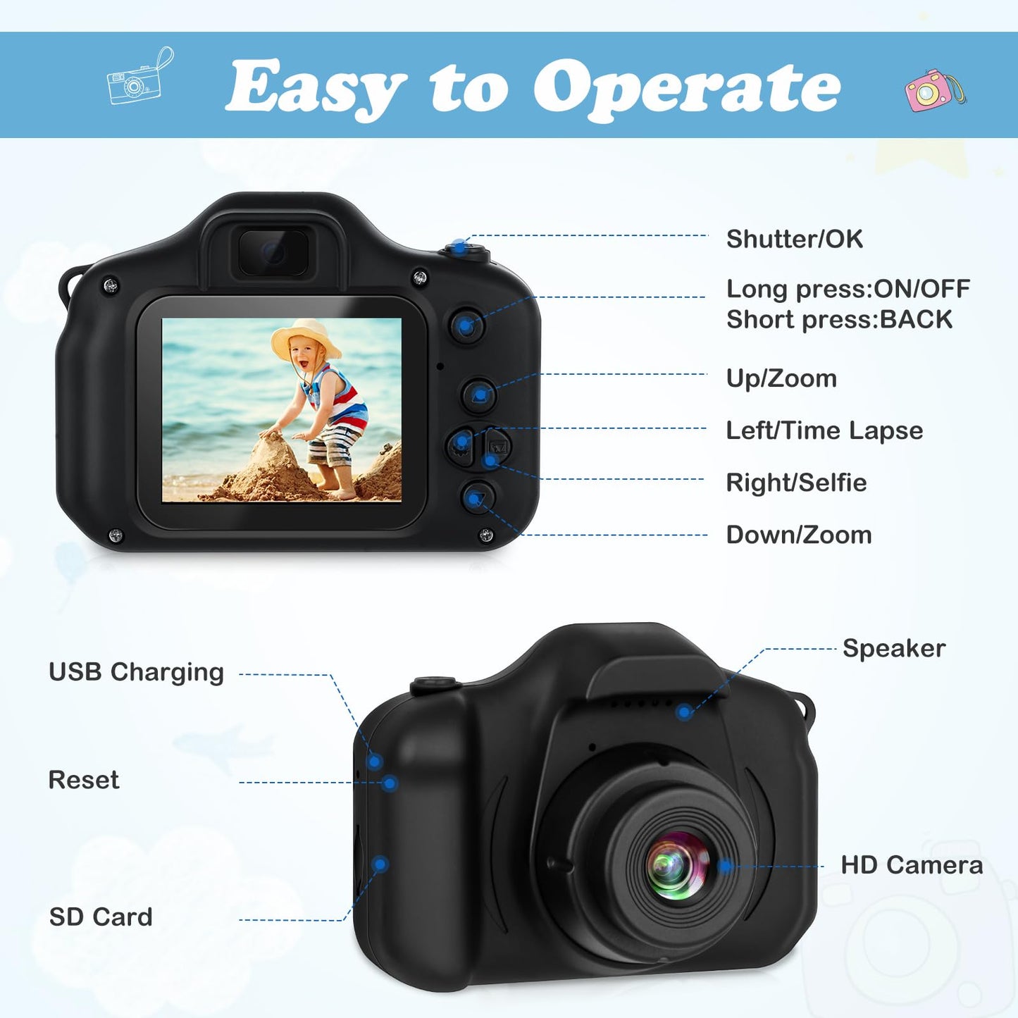 Zeacool children's selfie camera rear view displaying the 2-inch IPS screen and navigation buttons