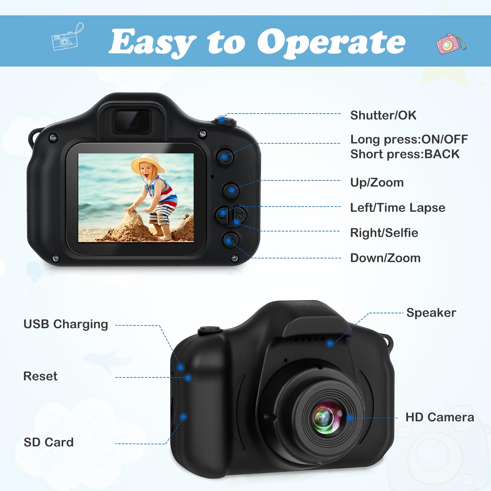 Zeacool children's selfie camera rear view displaying the 2-inch IPS screen and navigation buttons