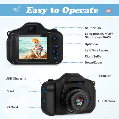 Zeacool children's selfie camera rear view displaying the 2-inch IPS screen and navigation buttons