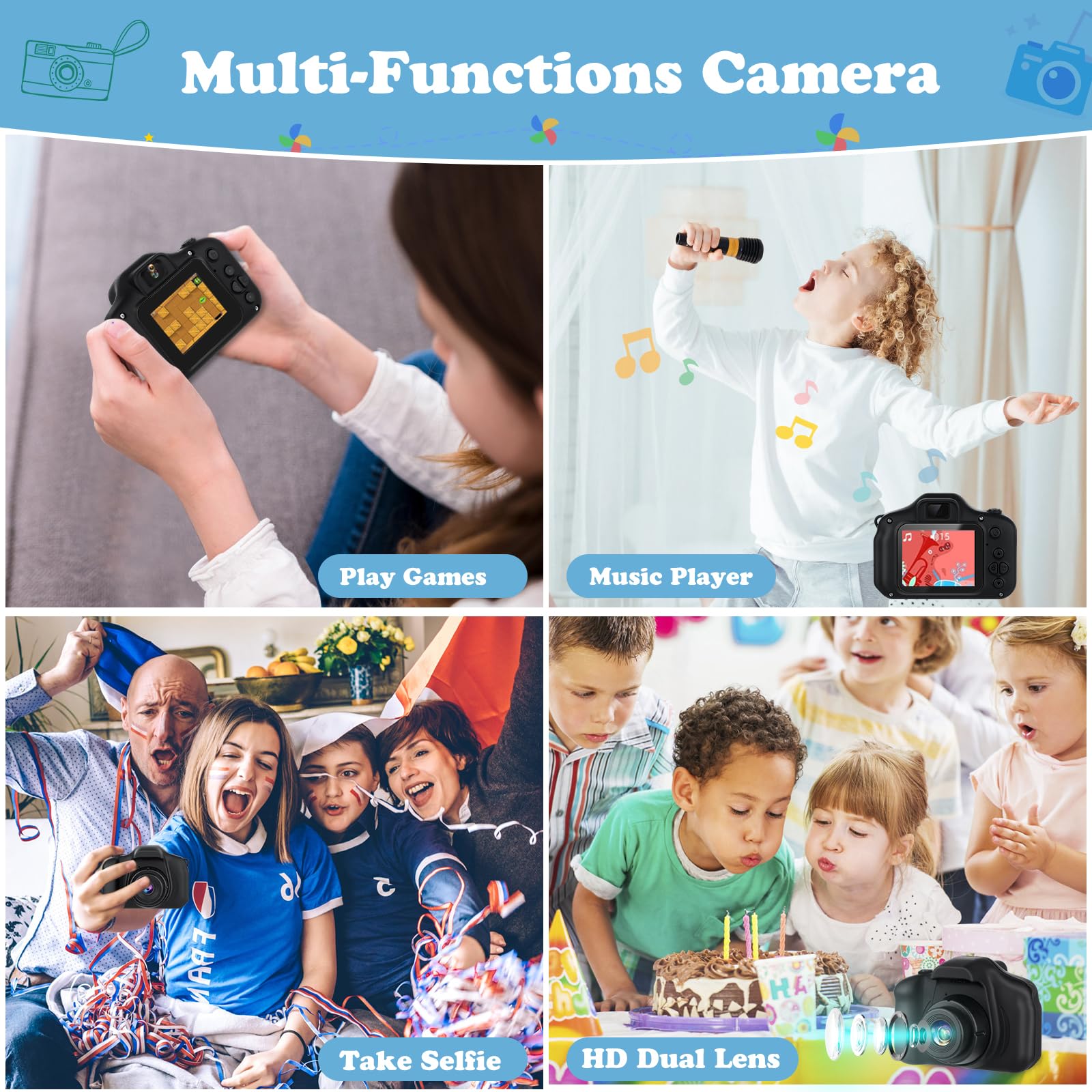 Zeacool toy camera kit displaying the included 32GB SD card, USB cable, card reader, and lanyard