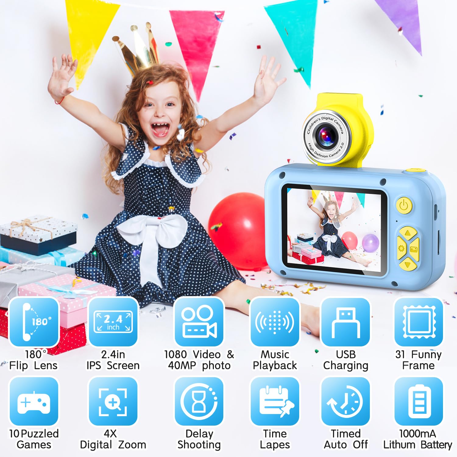 Children's digital camera with 180 degree flip lens mechanism showing selfie orientation