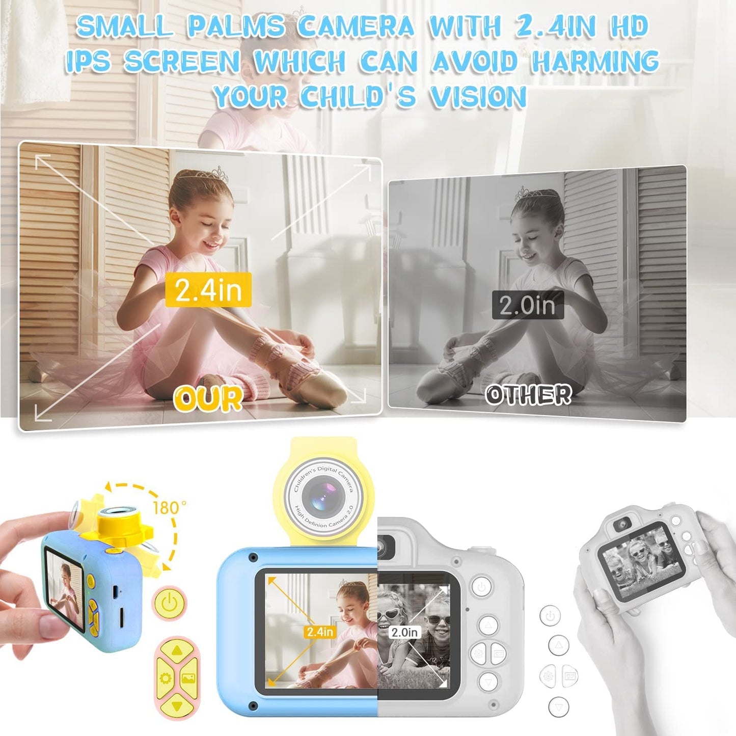 Toddler toy camera showing the 2.4 inch IPS high definition eye protection screen