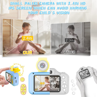 Toddler toy camera showing the 2.4 inch IPS high definition eye protection screen