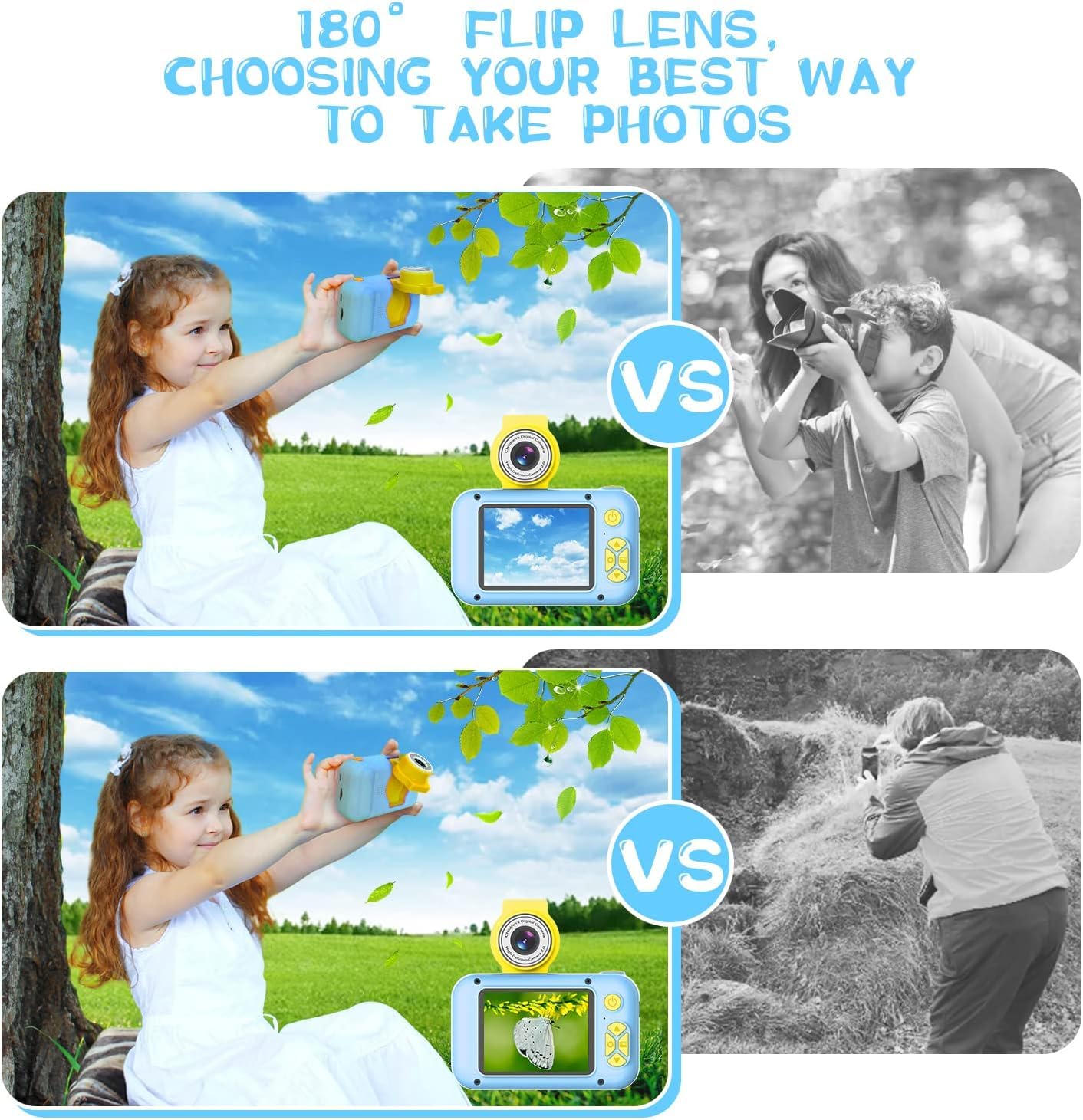 Blue ARNSSIEN kids camera displaying built-in puzzle games menu option