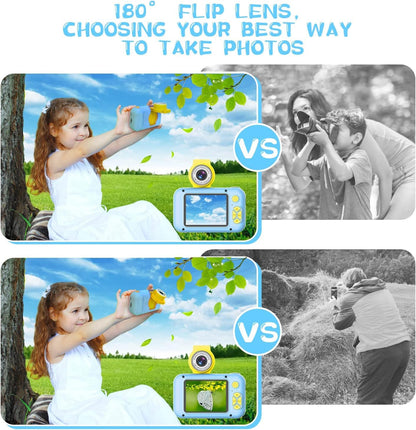 Blue ARNSSIEN kids camera displaying built-in puzzle games menu option