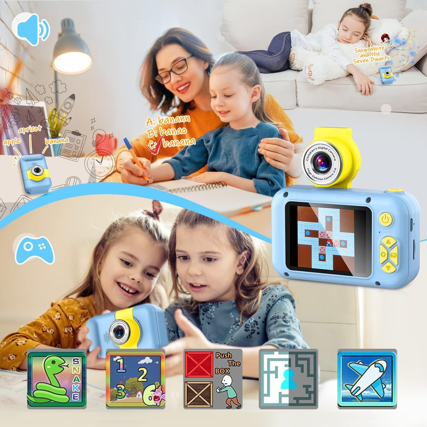 Durable children's toy camera showcasing the side memory card slot with included 32 GB storage