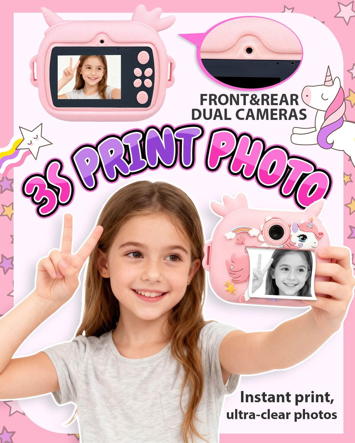 Torlaist children digital camera displaying the printed black and white photo emerging from the slot.